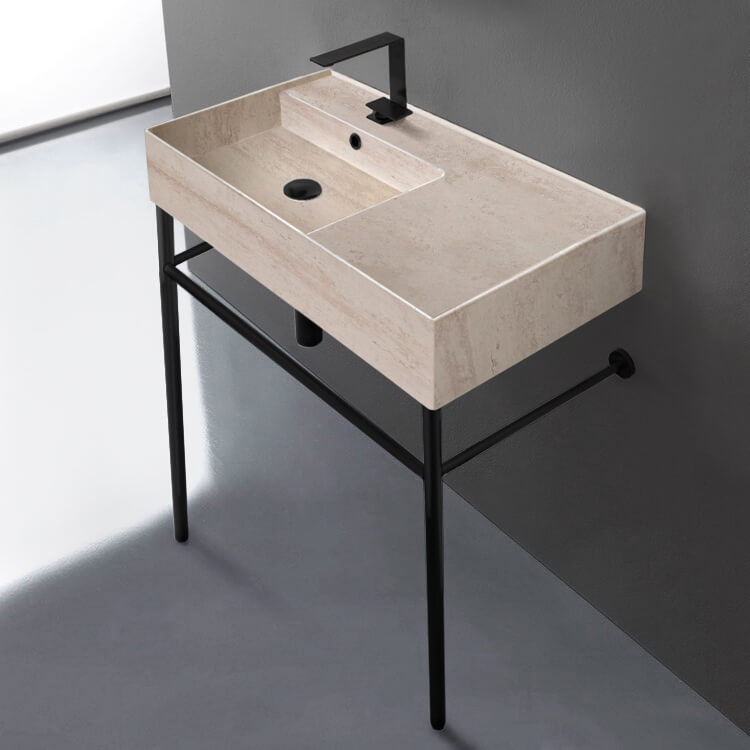 Scarabeo 5115-E-CON-BLK-One Hole Beige Travertine Design Ceramic Console Sink and Matte Black Stand